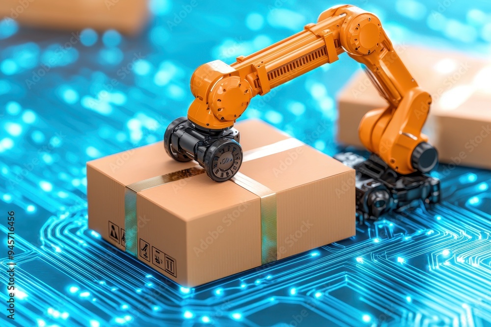 Poster innovative robotic arm handling packages on a digital circuit background, showcasing automation in l