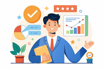 Performance evaluation, employee rating assessment, appraisal review or high potential employee, staff achievement, excellent job candidate concept, happy businessman on high performance gauge.
