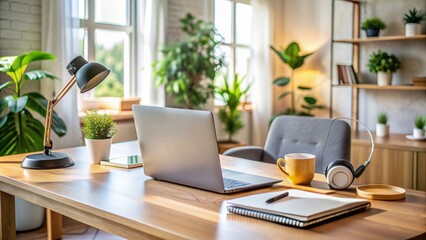 A modern laptop on a desk in a cozy home office setup, surrounded by papers and a headset, symbolizing the convenience of remote work and hiring.