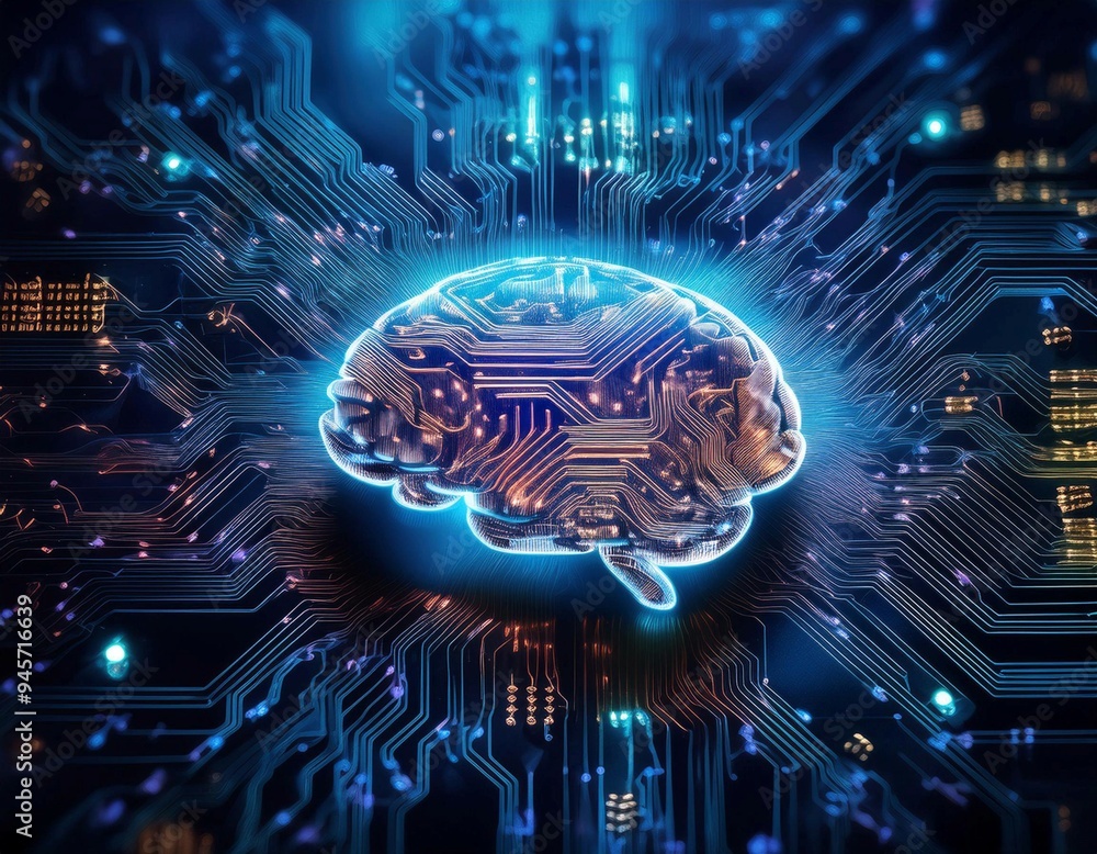 Poster intricate circuit board with illuminated brain symbol representing artificial intelligence technolog