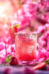 Refreshing strawberry drink with chia seeds surrounded by vibrant pink flowers in a sunny garden setting