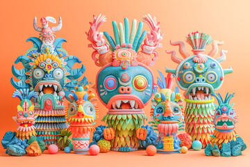 Fototapeta premium Colorful aztec totem idols posing on orange background