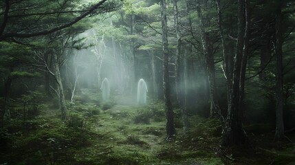 Fototapeta premium Ghostly Figures Wandering Through Haunted Forestscape of Mist and Fog