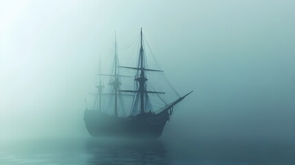 Ghostly Vessel Drifting Through Misty Seascape