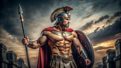Fototapeta premium A muscular Roman soldier in full armor, gripping a spear and shield, stands proudly in a dramatic pose, evoking ancient military discipline and honor.