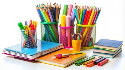 Fototapeta premium A neat and organized flat surface with a variety of colorful school supplies, including pens, pencils, and notebooks, against a clean white background.