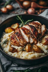 Delicious grilled chicken breast served over creamy mashed potatoes with roasted baby potatoes and fresh herbs on a rustic table setting
