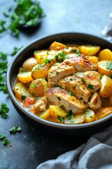 Deliciously seasoned chicken and roasted potatoes served in a bowl, garnished with fresh herbs on a rustic table