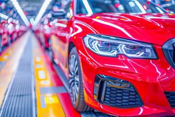 Obraz premium Modern red car on assembly line in automotive industry factory