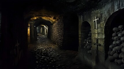 Fototapeta premium Haunting Passageway Through the Dark Catacombs of Paris