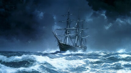 Haunting Ghost Ship Drifting in Stormy Open Sea