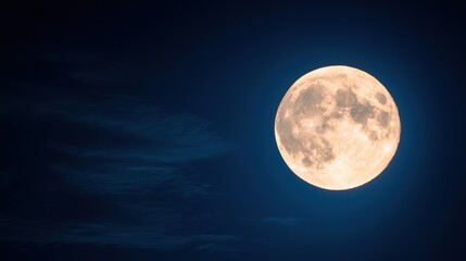 Vivid Full Moon against Dark Night Sky with Soft Cloud Layers