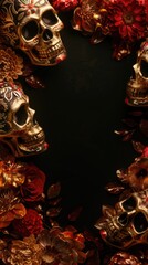 Mexico's Day of the Dead Festivities. Decorative golden skulls, red roses on a dark textured background. space for text