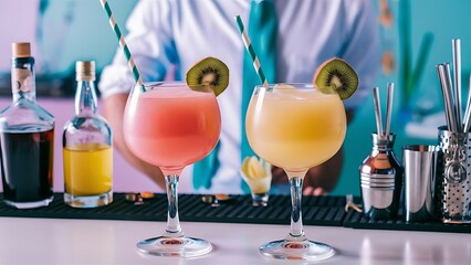 Two pink and yellow cocktails in the glass with straw and kiwi, and bar bottles row on the background