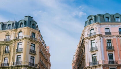 Fototapeta premium A Pair of Old Buildings Adjacent to Each Other and Copy Space