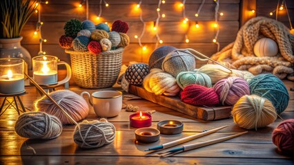 A partially completed crochet project rests on a cluttered desk amidst balls of yarn, hooks, and scattered patterns, surrounded by warm, cozy ambient lighting.