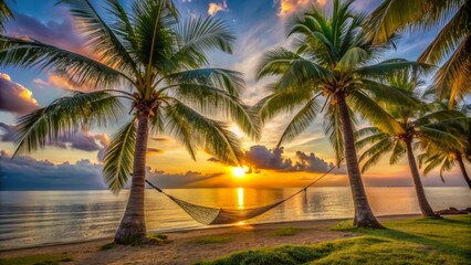a peaceful atmosphere with a calm ocean sunset, comfortable hammock, and lush green palms, inviting relaxation and tranquility in a tropical paradise setting.