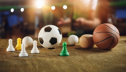 Sports equipment and game pieces representing player and gameplay, ideal for topics related to sports, gaming, and competition.