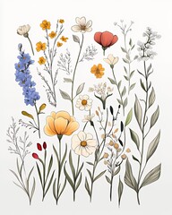 A collection of hand-drawn wildflowers in various colors and styles.
