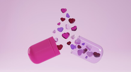 pink transparent opened capsule with flying glass hearts inside it. light pink background. health care concept. close up view. 3d rendering illustration