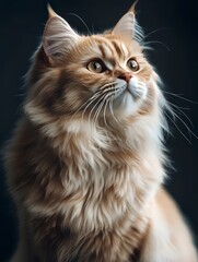 A close-up portrait of a fluffy, light-colored cat with a focused expression.