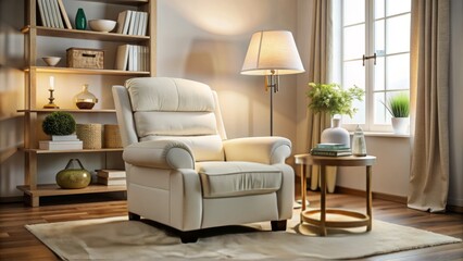a plush, creamy-white recliner with worn cushions and subtle scratches, positioned in a cozy corner with a few scattered books and a side lamp.