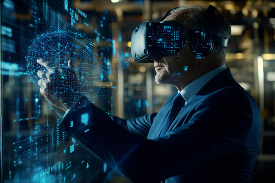 VR Innovation:  A senior businessman in a suit, immersed in a virtual reality headset, interacts with a holographic interface, showcasing the possibilities of advanced technology in the digital realm. - Powered by Adobe