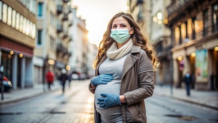 A pregnant woman wearing a face mask and gloves holds her belly while standing in a deserted city street during the coronavirus pandemic.