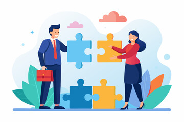 Jigsaw puzzle connection, teamwork partnership to help solve problem or challenge, cooperation or brainstorm to fit and match jigsaw pieces concept, businessman and woman help connect jigsaw puzzle.
