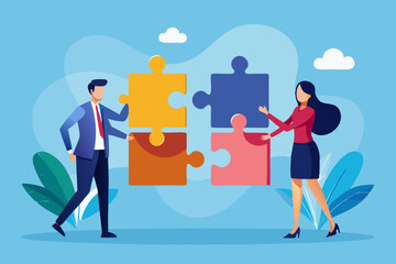 Jigsaw puzzle connection, teamwork partnership to help solve problem or challenge, cooperation or brainstorm to fit and match jigsaw pieces concept, businessman and woman help connect jigsaw puzzle.
