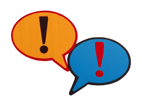 Conceptual symbols representing an argument and disagreement, featuring elements like speech bubbles, exclamation marks, and conflicting arrows, symbolizing debate, conflict, and opposing views.