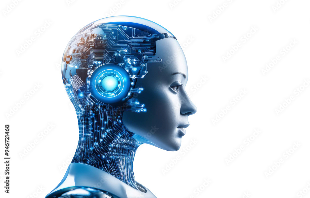 Poster artificial intelligence robot with circuitry, symbolizing technology, innovation, and future.
