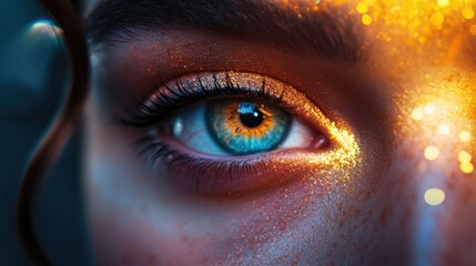 Close-up of a Blue Eye with Gold Glitter on the Eyelid