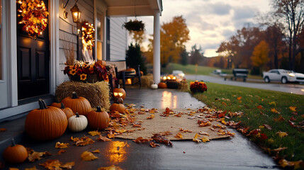 halloween pumpkins on house porch , autumn fall , lights, decorations 
