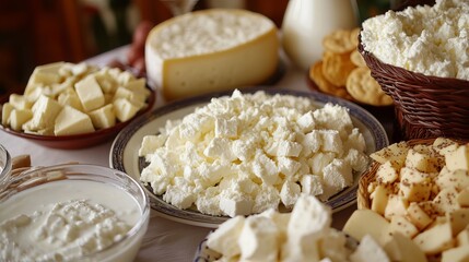 Fresh dairy products, such as milk, feta, Tzfatit cheese, cottage cheese, mozzarella, burrata, and kefir, are traditional symbols of the Jewish holiday Shavuot. 