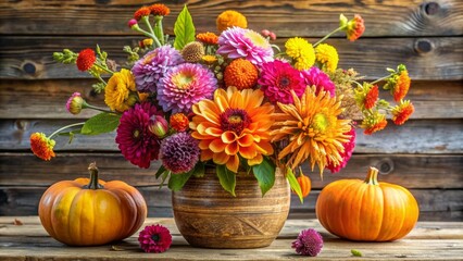 A rustic pumpkin serves as a unique vase for a vibrant bouquet of dahlias and wildflowers, adding a touch of autumn charm to any room.