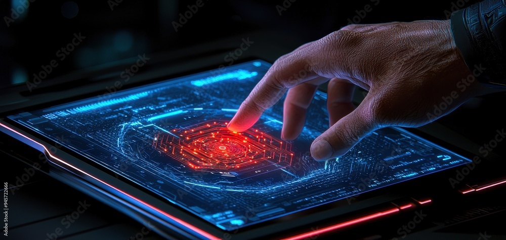 Poster a hand interacts with a futuristic touchscreen display showcasing vibrant data visualization and adv