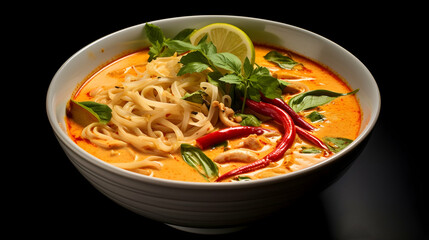 A bowl of Malaysian laksa with spicy coconut umami of Japanese ramen