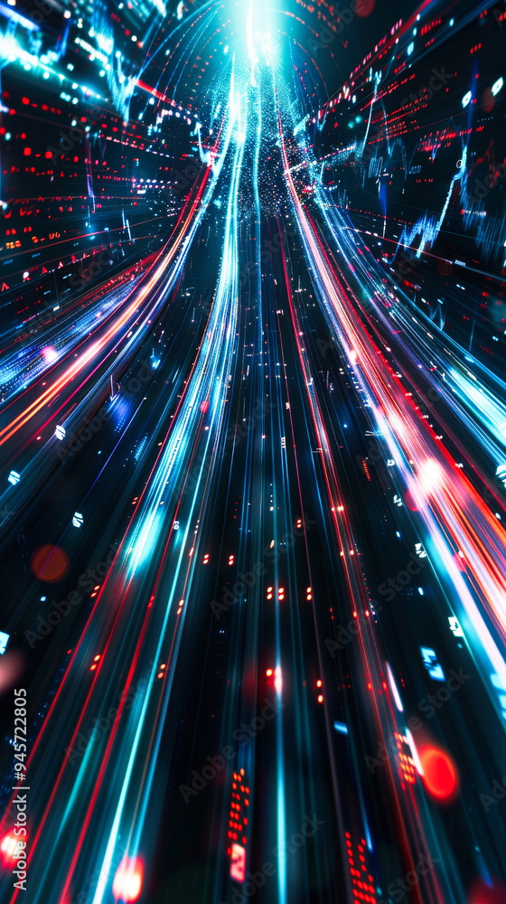 Poster digital background featuring an abstract, digital space with glowing lights and futuristic elements