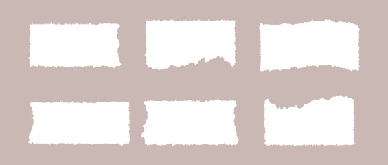 White torn paper rectangles. Abstract shapes with cut jagged edges. Collage ripped elements, text boxes, stickers. Vector