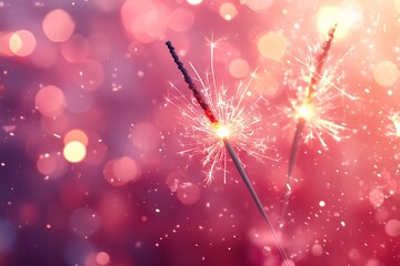 Two sparklers lit against a vibrant pink and purple bokeh background, creating a warm and celebratory holiday vibe.
