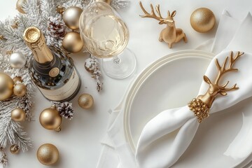 Elegant Christmas table setting with a champagne glass, golden reindeer, and festive decorations in gold and white.