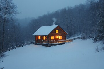 A cozy cabin in a snow-covered landscape lit warmly from within