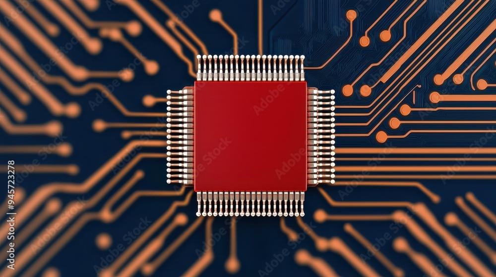 Poster close-up of a red microchip on a circuit board showcasing intricate electronic connections and desig