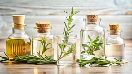 A serene, minimalist background showcases a collection of essential oil bottles, infused water, and a sprig of rosemary, evoking feelings of wellness and self-care.