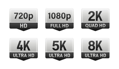Set of modern glossy silver emblems showing video resolutions from hd to 8k standard