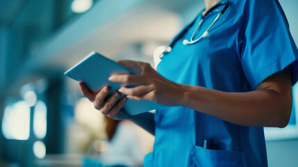 Close up of a female doctor or nurse using a digital tablet in a hospital