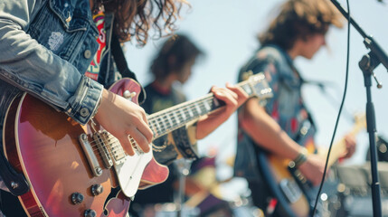 Close up of young musicians playing electric guitars at an outdoor concert