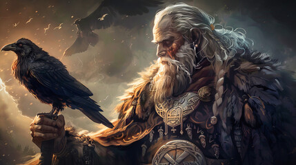 Odin, the norse god of wisdom and war, with a crow