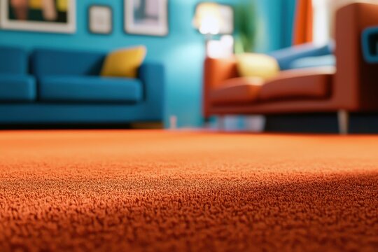 Arri&egrave;re-plan flou d'un int&eacute;rieur de salon vide avec des canap&eacute;s rouge et bleu et sol avec de la moquette orange, la lumi&egrave;re chaude du soleil traversant la fen&ecirc;tre.